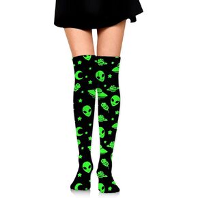 Green Alien Moon Spaceships Planet Black Thigh High Socks for Women With Decoration Cotton Socks Knee-High Stocking