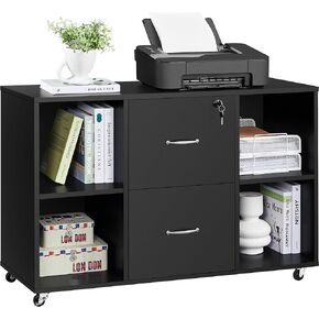 Yaheetech Filing Cabinet Lateral File Cabinet with 2 Drawer and 4 Open Compartments for Letter Size A4 Size, Printer Stand for Home Office, Black/Rustic Brown