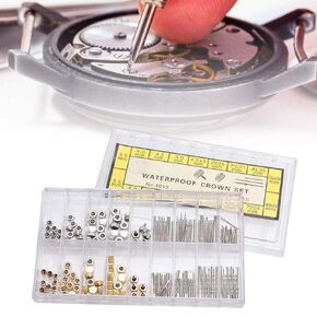 Watch Repair Kit, Watch Crown, Watch Stem Extender Crowns Accessory Repairing Replacement Tool Kit with Box Stainless Steel Watch Crown Spring Bar Set Watch Repairing Tool Accessory