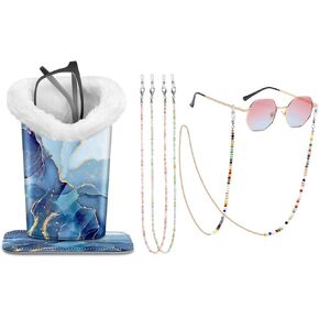 Fintie Plush Lined Eyeglasses Holder with Magnetic Base, Ocean Marble + 3 Pcs Eyeglasses Chains