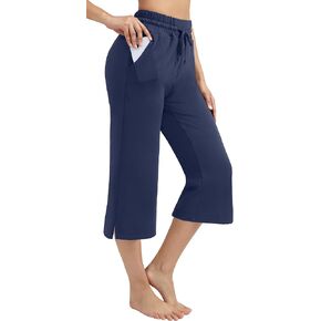 Capri Pants for Women with Pockets Wide Leg Yoga Capris for Women Side Split Capri Sweatpants Drawstring Crop Pants