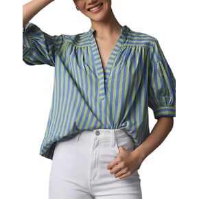 تي شيرت حريمي صيفي مطوي برقبة على شكل حرف V وأكمام قصيرة وبلوزات فضفاضة كاجوال مخططة تونيك علوي (أزرق-M)، مقاس متوسط in Kuwait