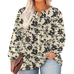 TFSDOD Women Plus Size Tops Long Sleeve Shirts V Neck Pleated Keyhole Blouse Loose Work Tunic Tee 1X-5X