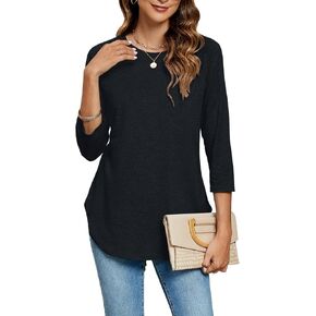 Newchoice Womens 3/4 Length Sleeve Tops Casual Round Neck Basic Tunic Shirts Loose Fit