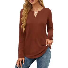 OFEEFAN Long Sleeve Shirts for Women V Neck Dressy Casual Blouses Trendy Fall Outfits Loose Fit Tunic Tops Curved Hem