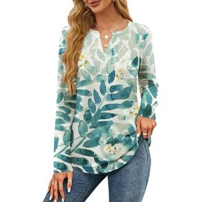 OFEEFAN Long Sleeve Shirts for Women V Neck Dressy Casual Blouses Trendy Fall Outfits Loose Fit Tunic Tops Curved Hem