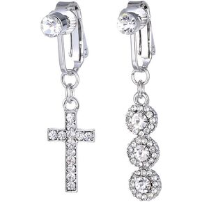 2Pcs CZ Cross Round Fake Belly Button Rings for Women Stainless Steel Non Piercing Belly Navel Rings Clip On Dangle Belly Barbell Fake Body Piercing Jewelry