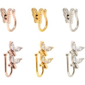 Honbay 6PCS Crystal Butterfly Nose Ring Cuff Rhinestones Non Piercing Fake Nose Rings Earrings U Shaped Clip on Nose Rings Ear Clips Copper Nose Ring Clip No Pierced Body Jewelry