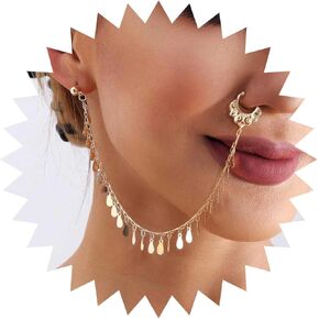 Boho Crystal Nose To Ear Chain Colorful Flower Nose Ring Gold Cz Nose Pins Non Pierced Nose Ring Daisy Flower Nose Pins Hoop Chain Dance Party Nose Indian Jewelry for Women(Flower)
