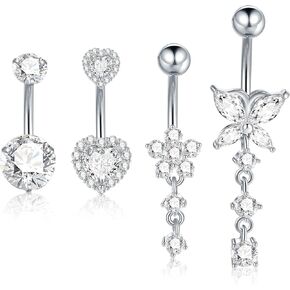 Aumeo Surgical Steel Belly Button Ring 14G Dangle Belly Button Rings for Women Sliver Pink CZ Heart Butterfly Flower Navel Piercing Jewelry