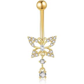 14K Yellow Gold Butterfly Belly Button Ring Navel Ring 14K Solid Gold Dangle Belly Piercing Jewelry for Women