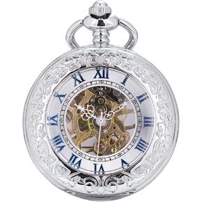ManChDa Mechanical Pocket Watch, for Men Women Special Magnifier Half Hunter Double Open Engraved Case Roman Numerals with Chain + Box Silver