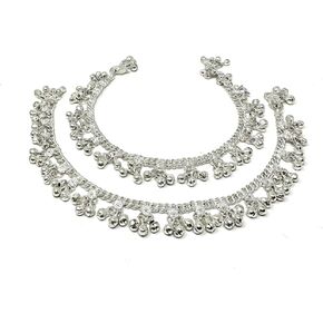 Indian Silver Womens Payal Bells Anklet Pair Jhanjar with Small Metal Bead Dangle Charm Clusters - Party Dance Bridal Wedding Beach Gifts