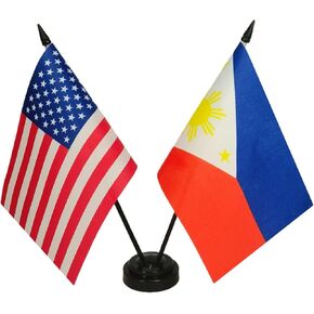 Philippines & US American Friendship Table Flag Display, USA & Filipino Table Flag, US Philippines Twin Desk Flag Set- US & Filipino Flags