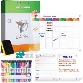 3 Piece Clear Magnetic Acrylic Calendar For Fridge | 12 Colors Dry Erase Markers for Clear Magnetic Calendar for Fridge, Monthly & Weekly Planner and Memo Board l Magnetic Fridge Calendar