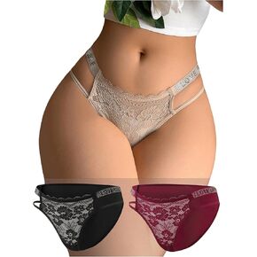 OYOANGLE Women's 3 Piece Panties Rhinestone Cut Out Floral Lace Briefs Low Rise Hipster Underwear