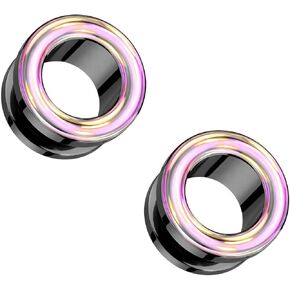 Black PVD 316L Stainless Steel Pink Iridescent Outlined Screw Fit Plugs, Sold as a Pair