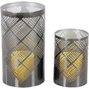Deco 79 57362 Plaid Pattern Cylindrical Iron Candle Holders, 6" x 9", Gray