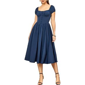 Women’s 2024 Summer Boho Square Neck Corset Midi Dress Casual Flowy Swing A line Ruffle Dresses