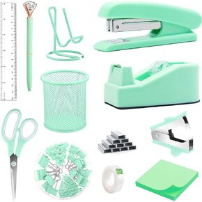Office Desk Accessories, Acrylic Stapler, Staple Remover, Tape Holder, Pen Holder, Ballpoint Pen, Scissor, Binder Clips, 1000pcs Staples, Phone Holder, Ruler, Transparent Glue and 300 Notes