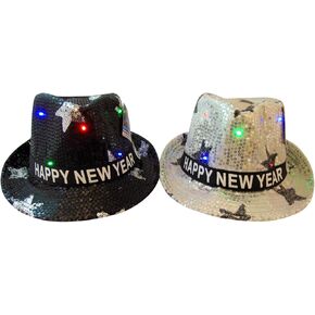 Happy New Years Flashing Light Up Fedora Hats for Him and Her, Set of 2