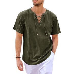 Runcati Mens Pirate Shirts Lace Up V Neck Medieval Viking Costume Tops Linen Drawstring Shirt