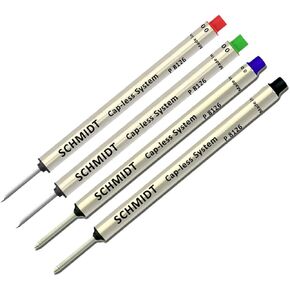 Pack of 4 - Schmidt P8126 Capless System Rollerball Refill Green/Red/Black/Blue Fine Tip