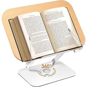 Book Stand, Book Stand for Reading Hands Free, Adjustable Desk Book Holder with 360 Degree Rotating Base & Page Clips, Cookbook Documents Holder for Textbook,Cookbook, Sheet Music,Laptop,Recipe