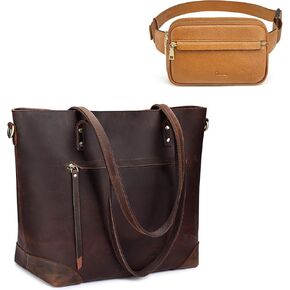 S-ZONE Genuine Leather Tote Bag Bundle with RFID Blocking Fanny Packs Belt Bag