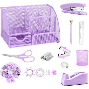 yuun Pink Desk Organizers and Accessories, Office Supplies Include Mesh Desk Organizer, Stapler, Staple Remover, Scissor, Clips Set, Pen Holder, Ruler, Pen and Staples etc