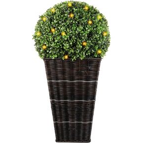 Artificial Boxwood Topiary Ball with Planter Lights, 26" Potted Boxwood Tree Topiary Ball with Lights Artificial Plant Shrub for Front Porch Home Office Decor
