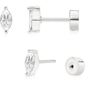 Push-in Flat Back Earrings, Hypoallergenic 14K Gold Plated Marquise Cubic Zirconia Stud Earrings | Cartilage Earring | Tragus Helix Piercing Jewelry | Threadless Push in Flatback Nap Earrings for Women Men