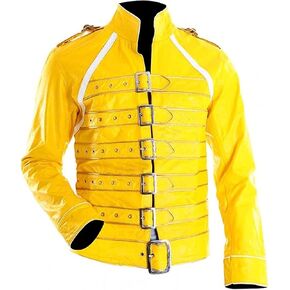 Mens Rock Freddy Star Costume Wembley Concert Cosplay Yellow Faux Leather Jacket