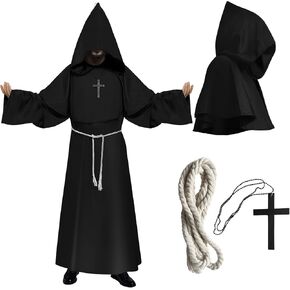 Monk Costume Medieval Cloak with Hood, Halloween Costumes Men Adult, Monk Robe Renaissance Cosplay Priest Costume