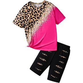 Floerns Girl's 2 Piece Outfit Leopard Sequin Patchwork Top and Elastic Waist Bermuda shorts Sets