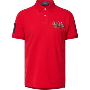 POLO RALPH LAUREN Men's Custom Slim Fit Mesh Triple Pony Polo Shirt (Red, L)