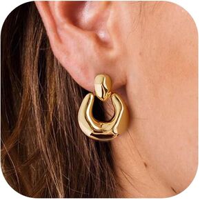 VRIUA Gold Statement Earrings for Women - 14K Gold Plated Chunky Earrings Gold Geometric Earrings Hammered Drop Earrings for Women Thick Lightweight Trendy Gold Hoops