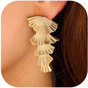 VRIUA Gold Statement Earrings for Women - 14K Gold Plated Chunky Earrings Gold Geometric Earrings Hammered Drop Earrings for Women Thick Lightweight Trendy Gold Hoops