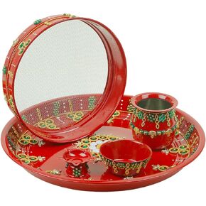 Aditri Creation Karwachauth Pooja Thali Puja Plate Decorative Steel Puja Thali with Kalash & Channi Essential Pooja Articles for Pooja Ritual Wedding Indian Traditional Festival Decor(Thali Size-11")