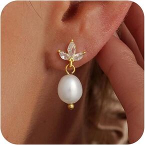 Pearl Earrings for Women, Trendy 14k Gold Plated Pearl Dangle Drop Hoop Huggies Earrings Cubic Zirconia | Irregular | Knot Pearl Studs Hypoallergenic Lightweight Gold Earrings Jewelry Gift