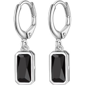 Suplight Sterling Silver Birthstone Drop Earrings for Women with Rectangular Baguette/Teardrop Crystal Huggie Hoop Dangle Silver Earring Jewelry for Birthday Wedding