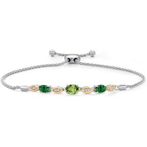 925 Silver and 10K Yellow Gold Green Peridot and Green Created Emerald and Lab Grown Diamond Bracelet For Women | 1.66 Cttw | Gemstone August Birthstone | Oval 7X5MM | Fully Adjustable 9 inches