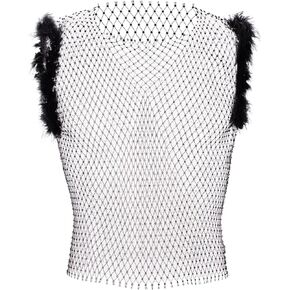 ABAFIP Men's Rhinestone Rave Crop Top Furry Sleeveless Sheer Tanks Fishnet Shirts Music Festival Outfits