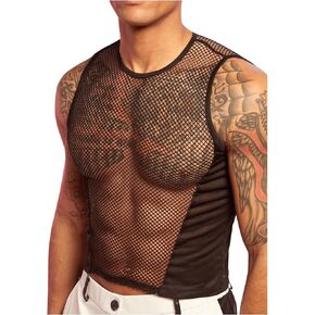 OYOANGLE Men's Fishnet Sleeveless Tank Top Mesh Sheer Ruched See Through Muscle Tops