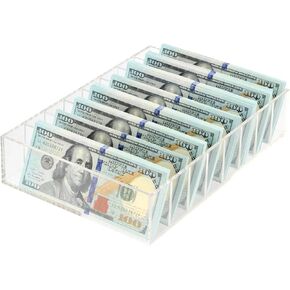 Large Acrylic Cash Organizer Tray, Clear Money Cash Trays Money Budget Tray for Bills, 8 Sections Money Organizer Divider Bill Storage Holder for Cash Stuffing Envelope Cables Desk Organizer
