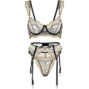 Lingerie Sets For Women Sexy,Floral Embroidery Metal Chain Shoulder Strap Lingerie Set