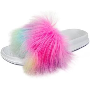 Dream Bridge Girls Summer Slide Sandals Faux Fur Slide Slippers Slip on Fluffy Open Toe Non Slip Casual Beach Pool Flat Everyday Comfort Indoor Outdoor Furry Slide Shoes for Little Girls