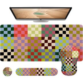 HAOCOO Large Keyboard Mouse Pad Set, Desk Pad Mat, Ergonomic Mouse Pad and Keyboard Wrist Rest with Memory Foam, Coaster, 4 in 1Desk Mat Set, Non-Slip Mouse Wrist Rest for Gaming - Checkered