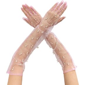 Women Sheer Long Gloves Pearl Mesh Tulle Sheer Gloves Wedding Bridal Gloves 1920s Dance Gloves Opera Party Gloves
