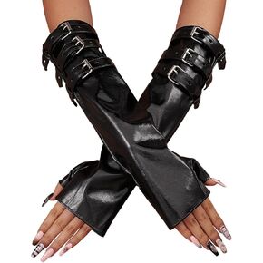Fingerless Leather Gloves Black Fashion Long Gloves Cosplay Arm Sleeves Adjustable Cosplay Disco Gloves Party Accessories for Women